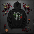 Black unisex hoodie with Faith Over Fear graphic on back, hood and kangaroo pocket