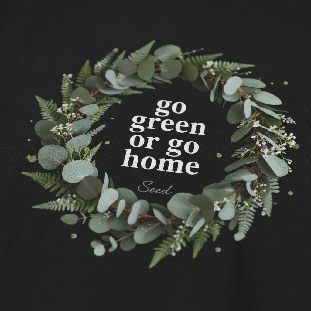 Black unisex T-shirt with “go green or go home” wreath graphic