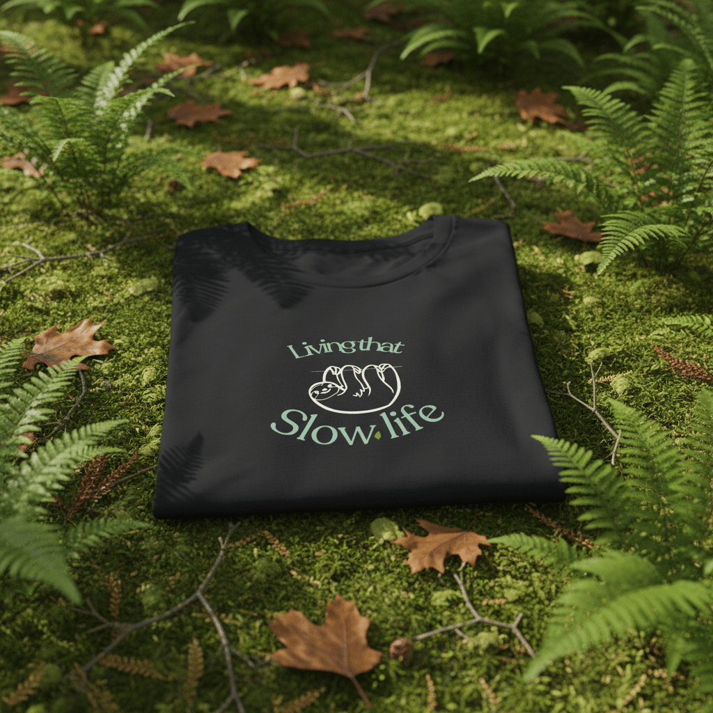 Black graphic T-shirt with “Slow life” text and cat icon