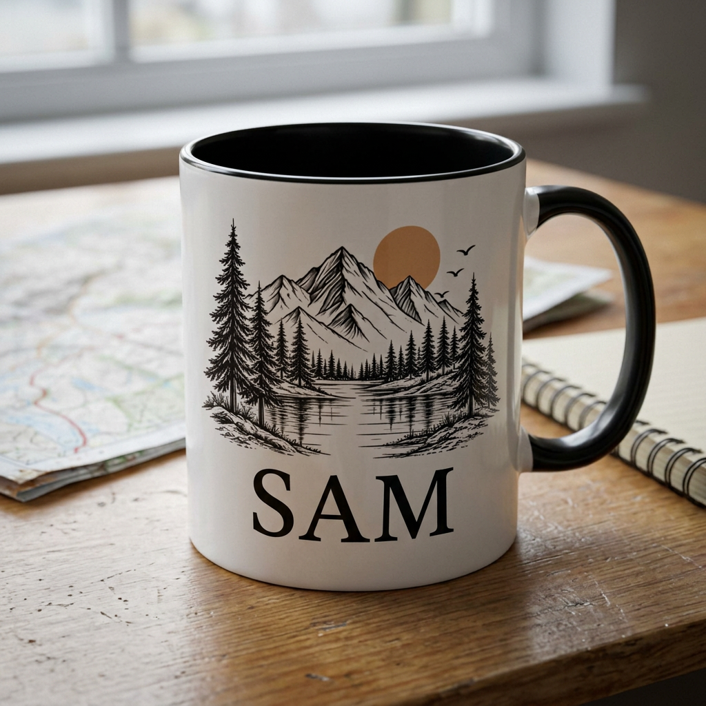 Black mountain mug with name-only personalisation for Sam