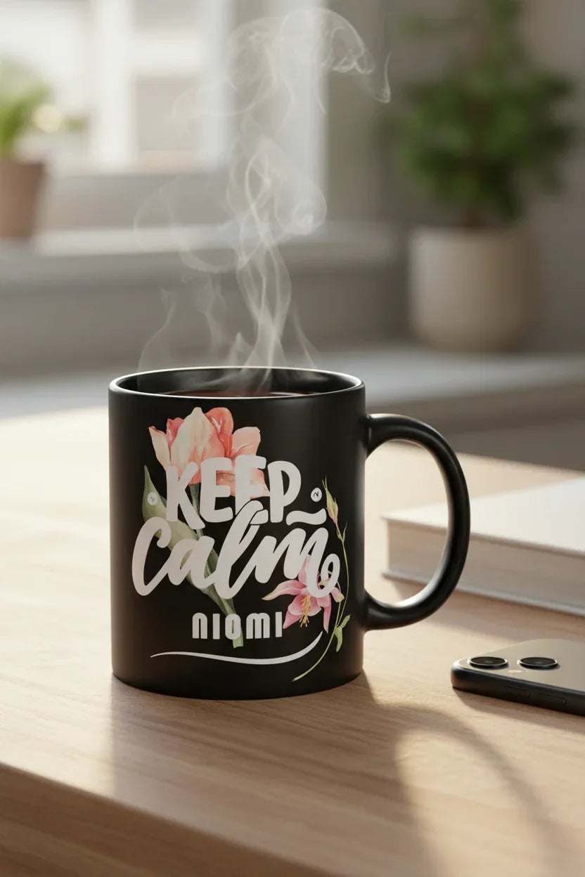 Black ceramic mug with Keep Calm floral design and name text on front.