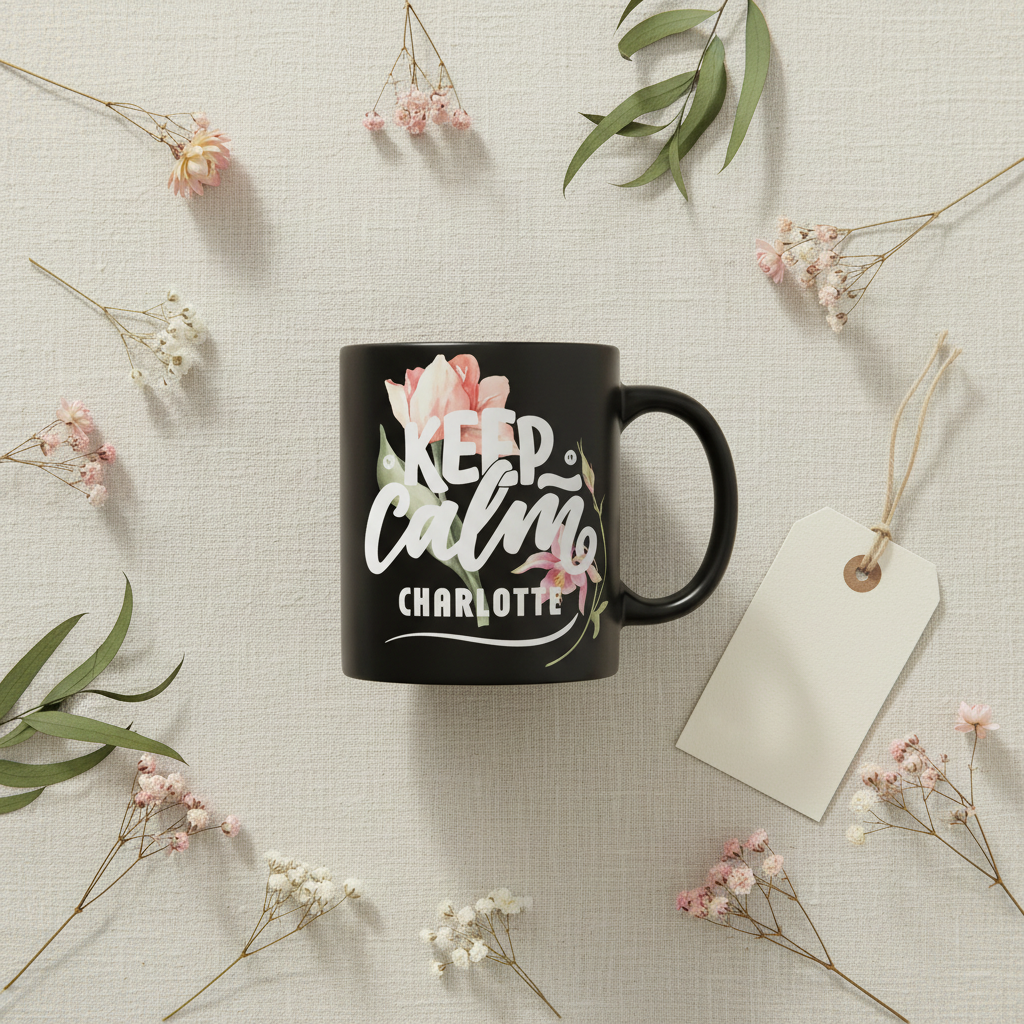 Black mug with floral 'Keep calm' design and name Charlotte.