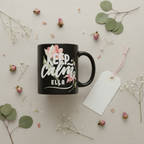 Black mug with floral 'Keep calm' design and name Ella.