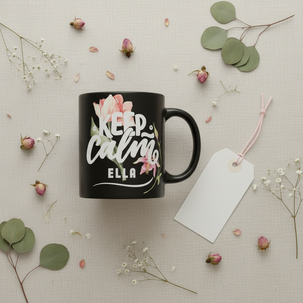 Black mug with floral 'Keep calm' design and name Ella.