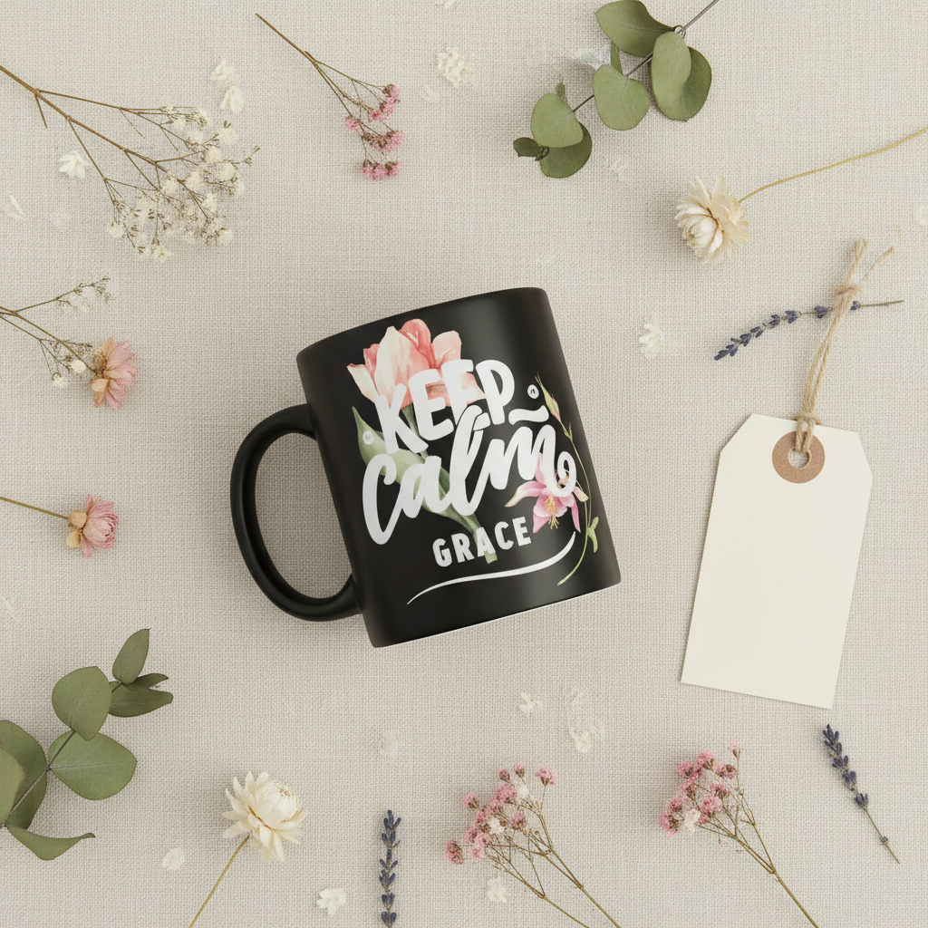 Black mug with floral 'Keep calm' text and name Grace.