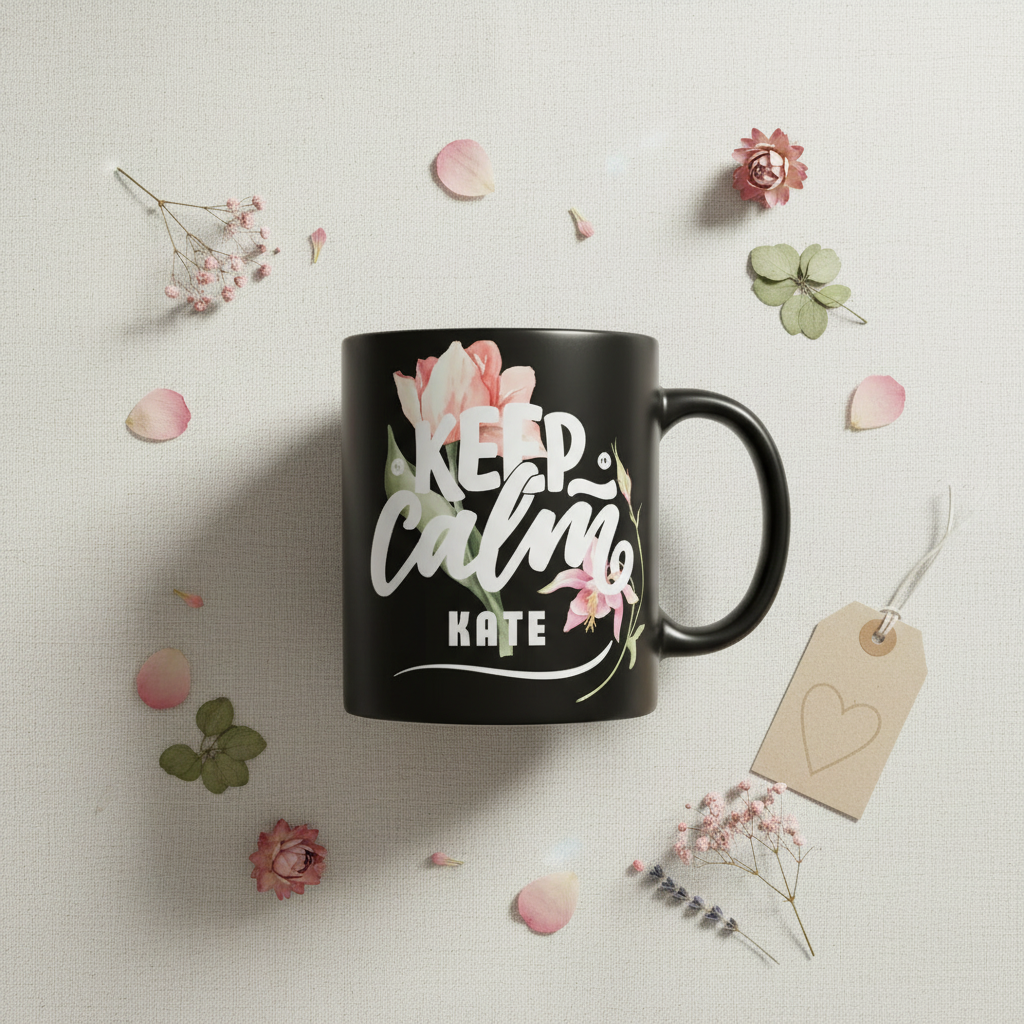 Black mug with floral 'Keep calm' design and name Kate.