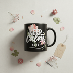 Black mug with floral 'Keep calm' design and name Kate.