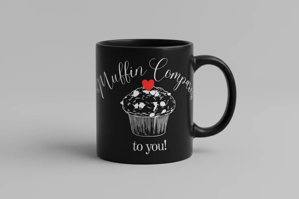 Black ceramic mug with white muffin graphic, red heart, and “to you!” text