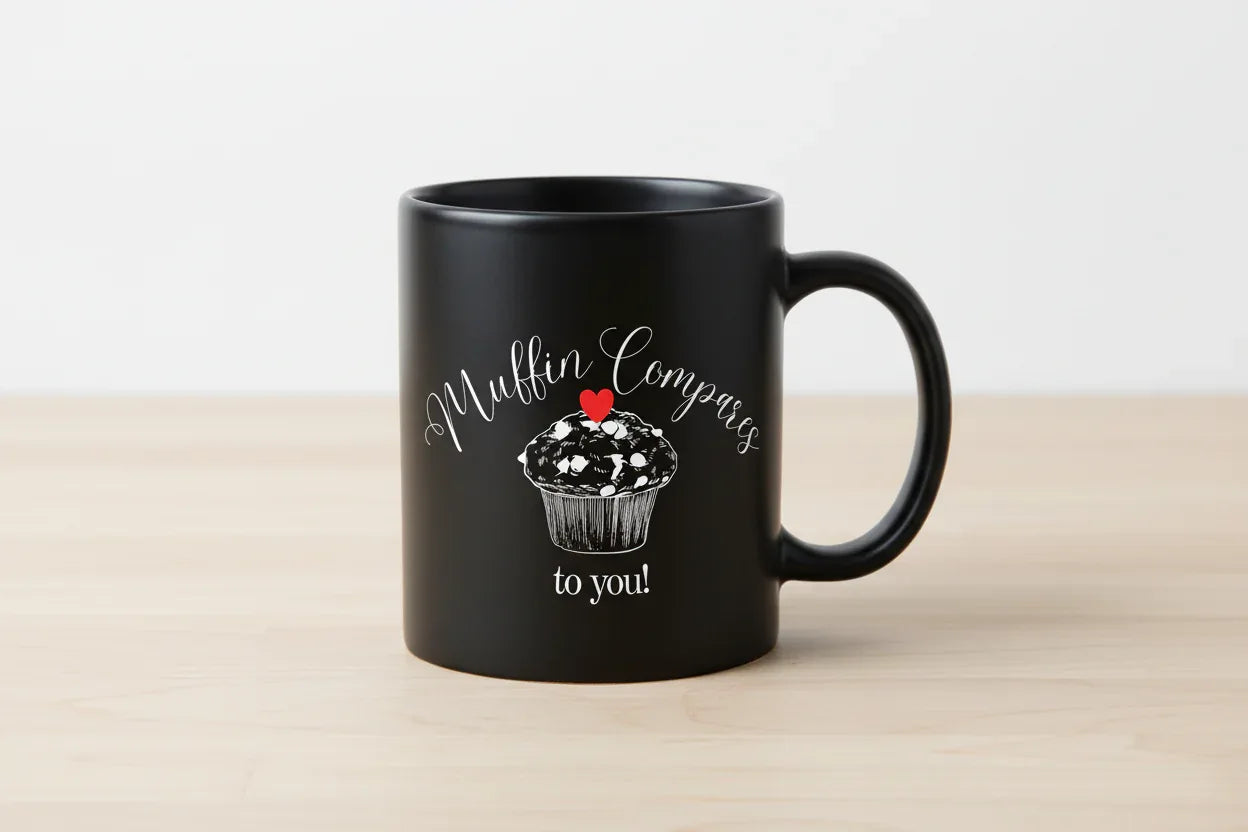 Black 11oz ceramic mug with cupcake design, red heart, and to you!