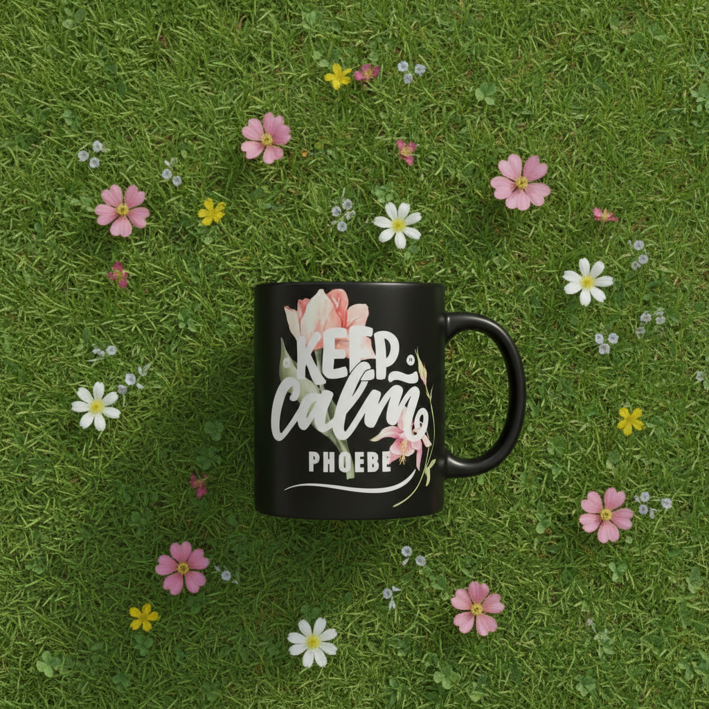 Black mug with floral 'Keep calm' design and name Phoebe.