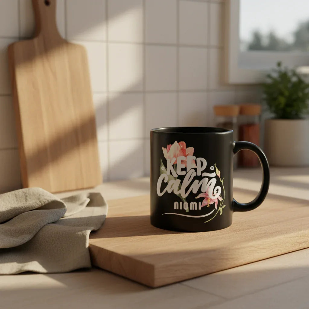 Black ceramic mug with Keep Calm floral design and name text on front.