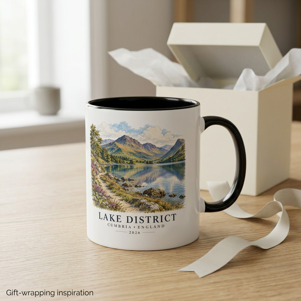 Black mug showing only the Lake District side with gift-box styling