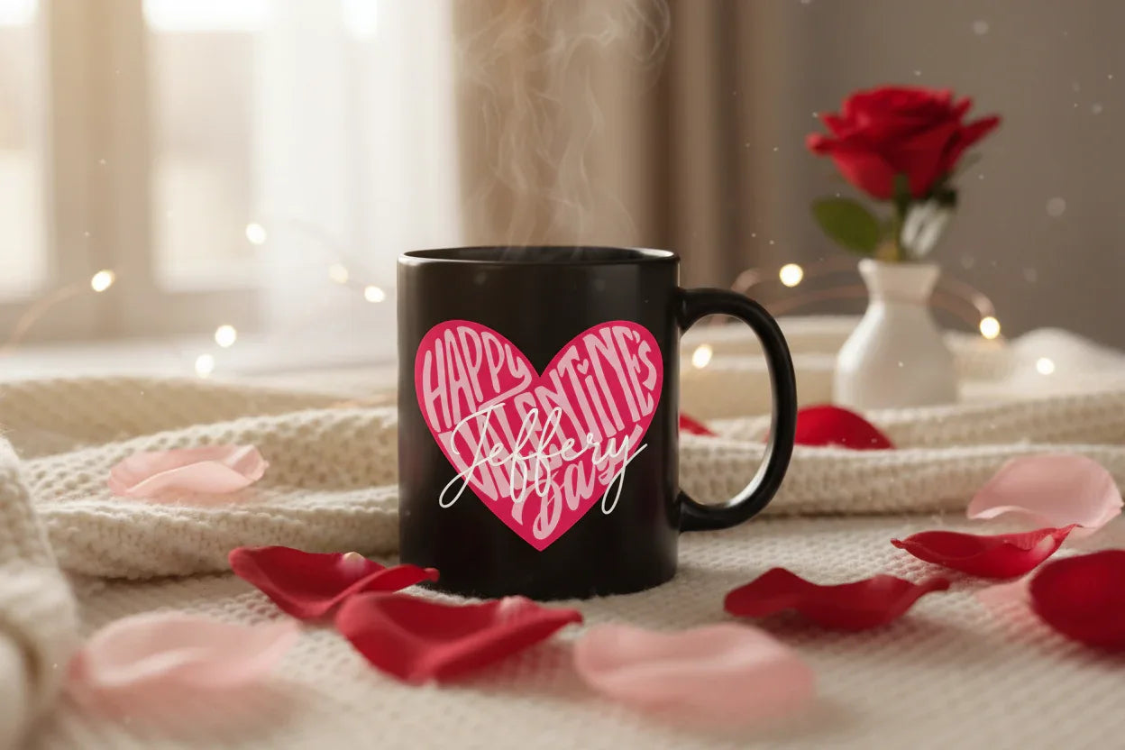 Black coffee mug with handle and pink heart Happy Valentine's Day design
