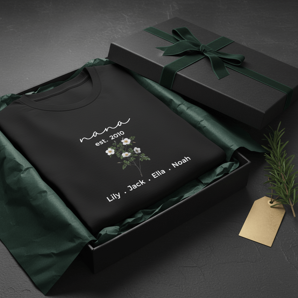 Black floral mama T-shirt in gift box with 'mama est. 2010' and recipient names