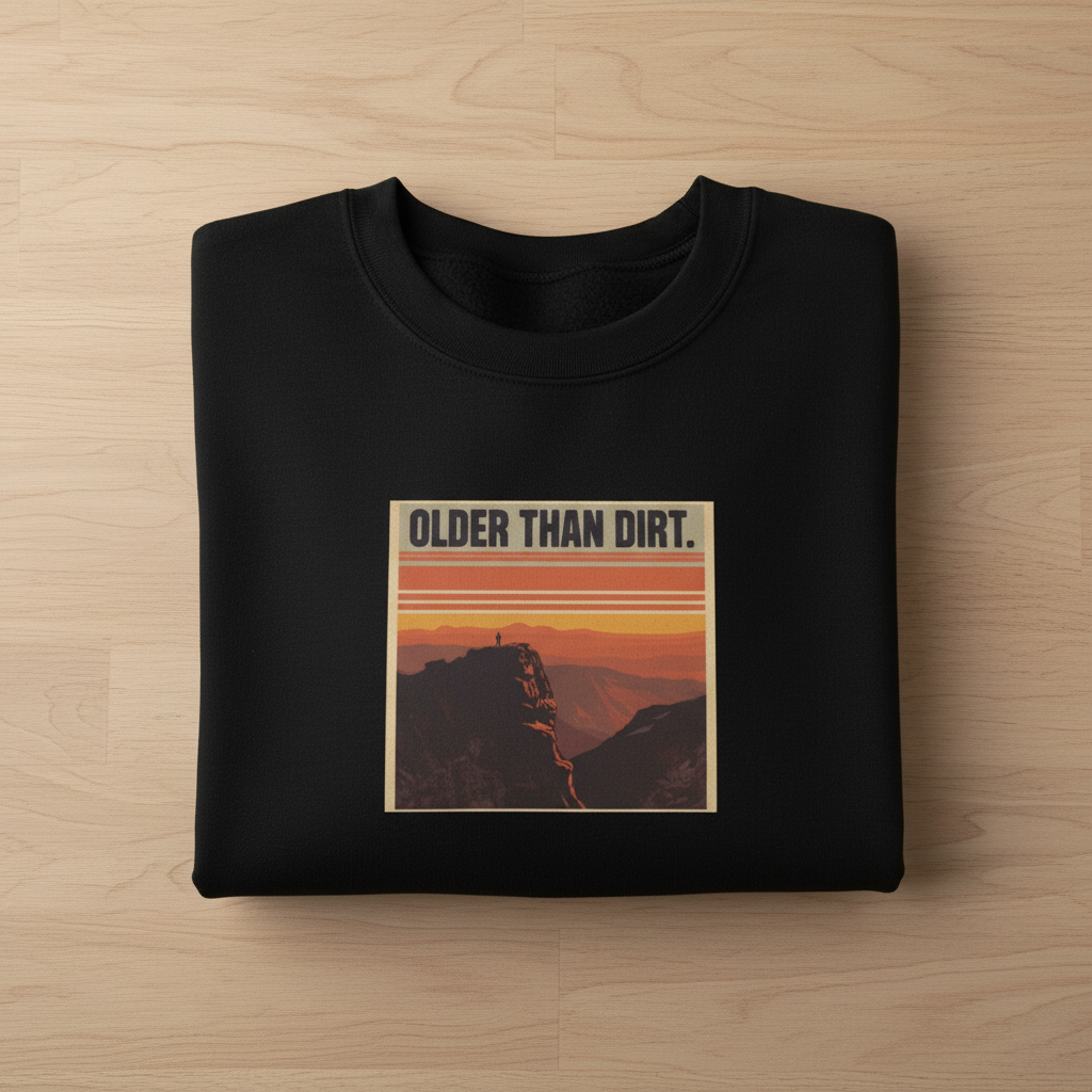 Black crewneck sweatshirt with mountain sunset graphic and banner-style text