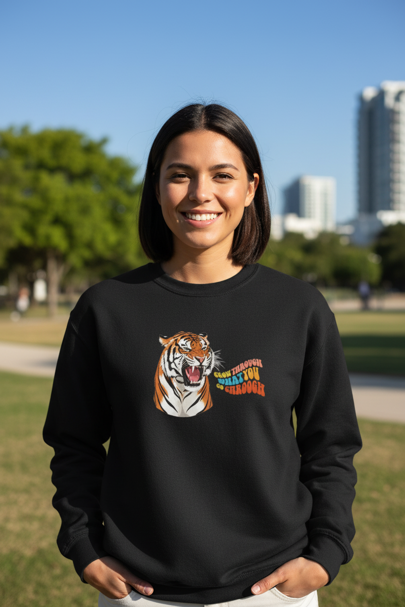Black crewneck sweatshirt with tiger head graphic on the front, worn by a woman
