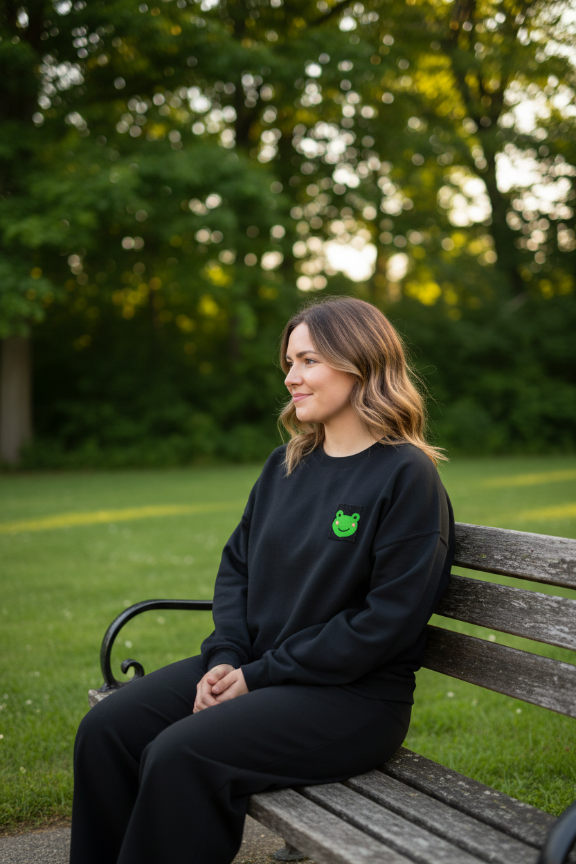 Black embroidered frog sweatshirt with crew neck and small chest square patch.