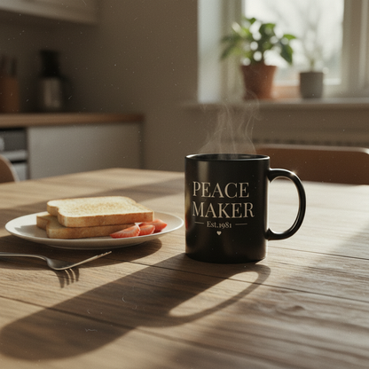 Black PEACE MAKER mug on dining table - grainy film