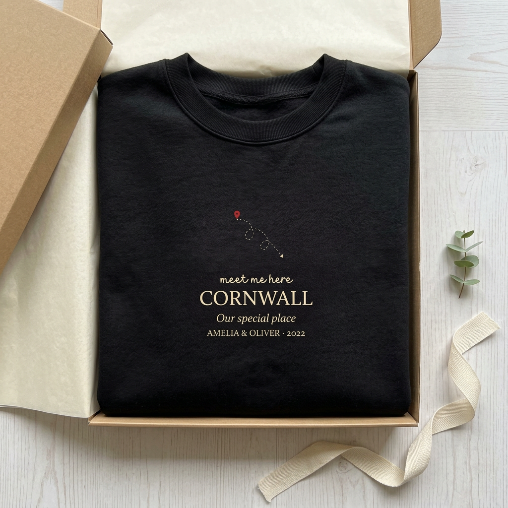 Black personalised sweatshirt in box with “meet me here” CORNWALL place name print
