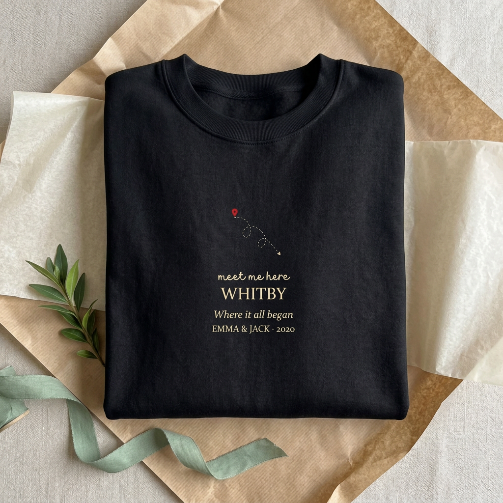 Personalised place name sweatshirt in dark blue with "meet me here" and WHITBY text