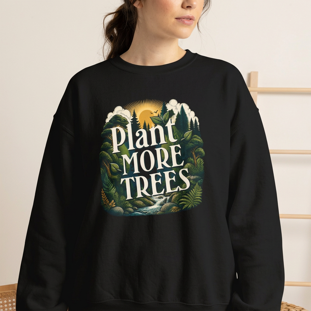 Black unisex sweatshirt with “Plant More Trees” nature graphic on the front.