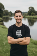 Black crew-neck T-shirt with Reel Cool Dad graphic on the front
