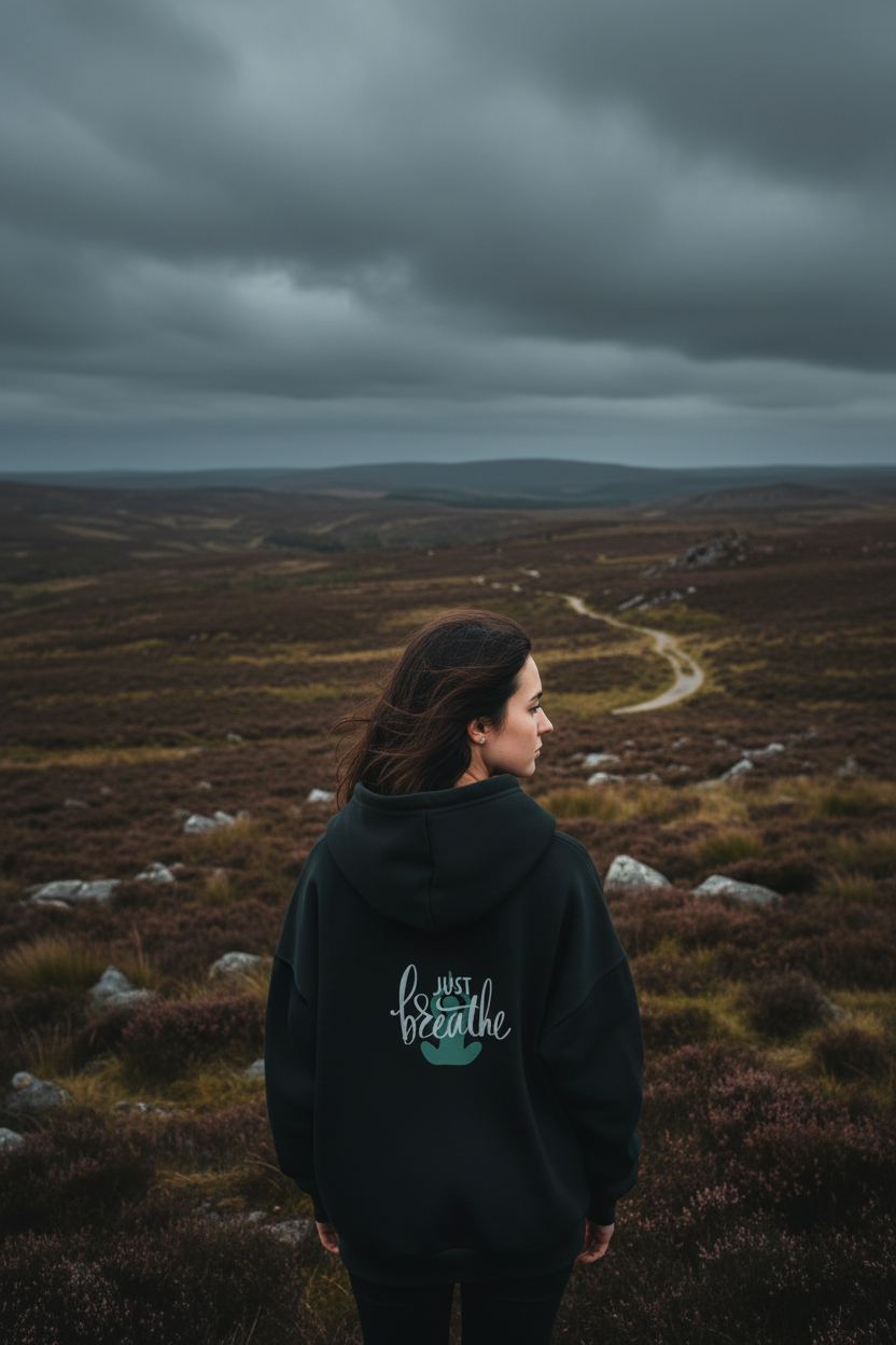 Dark hoodie with “Just breathe” slogan and hand heart graphic on back