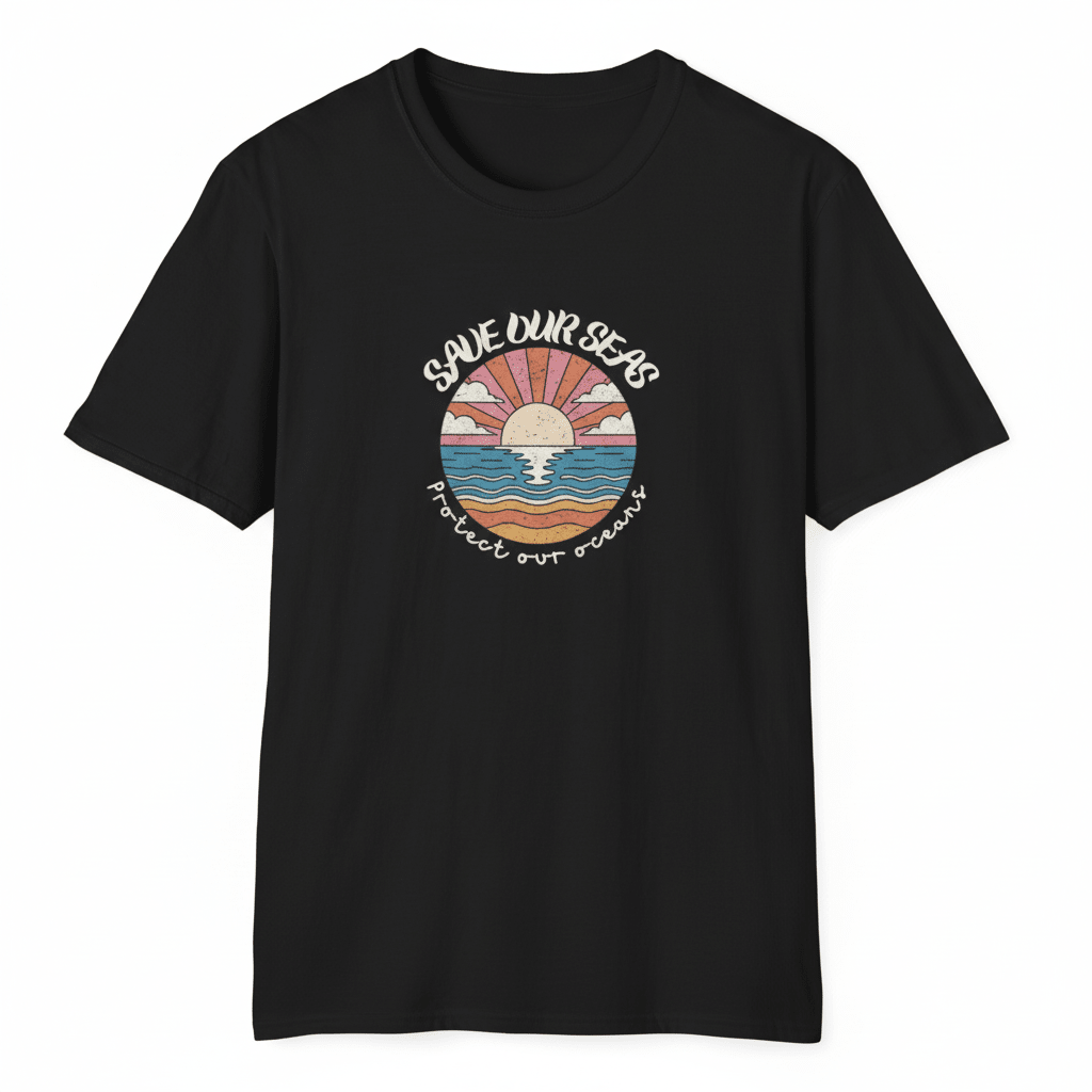 Save Our Seas T-Shirt | Retro Sunset Ocean Conservation Tee UK - AlleyCrafters
