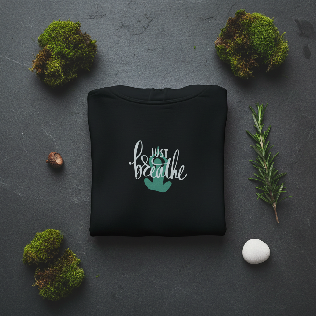 Black mindfulness hoodie with “Just breathe” slogan and hand heart graphic on chest