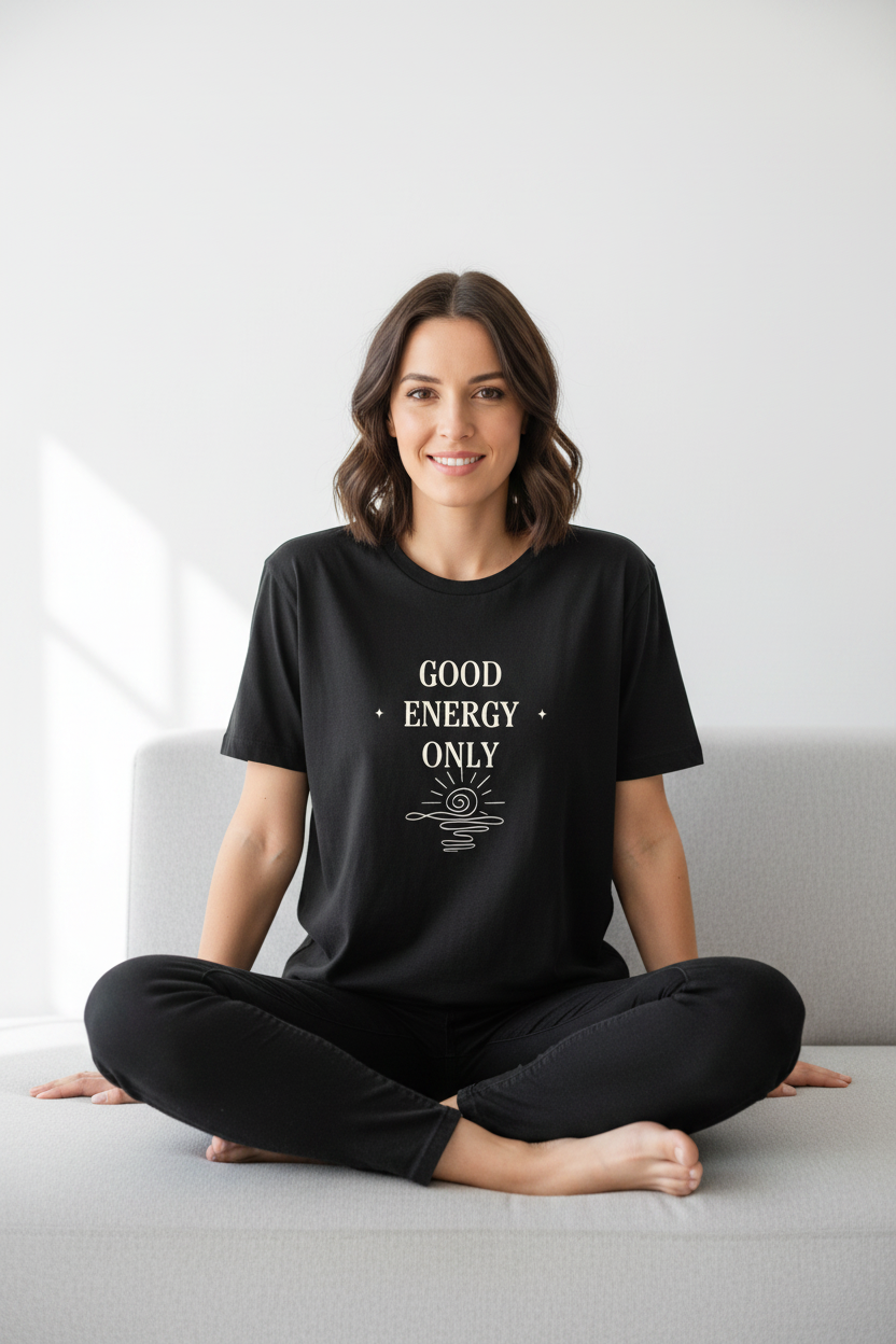 Black t-shirt with “GOOD ENERGY ONLY” graphic, worn by a seated model.
