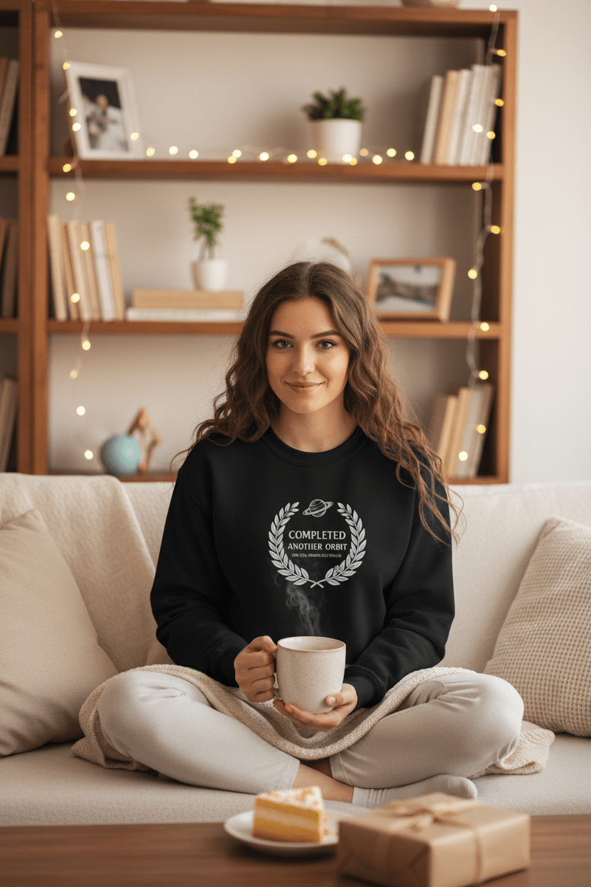 Black sweatshirt on model with white 'Completed Another Orbit' wreath graphic