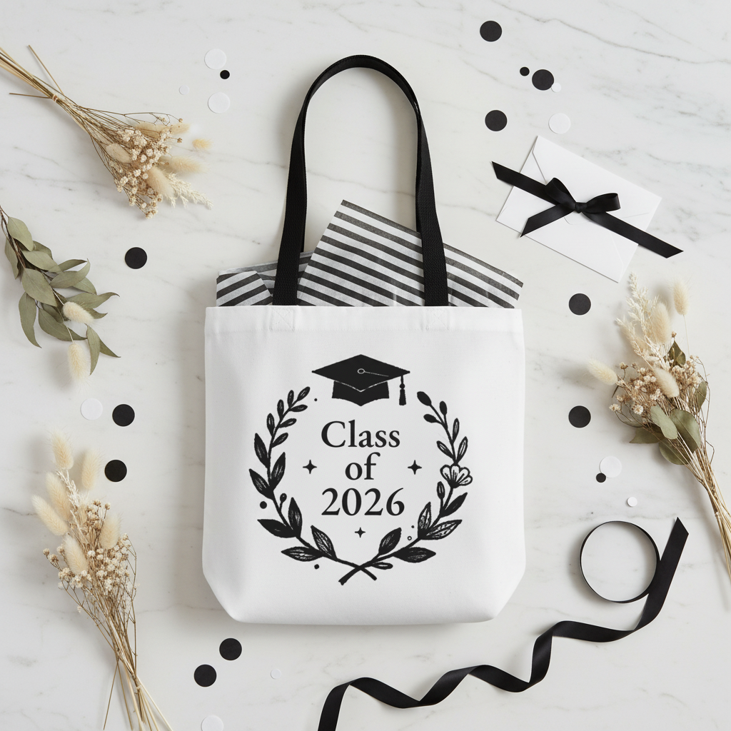 White graduation tote bag with Class of 2026 wreath, mortarboard, and text print