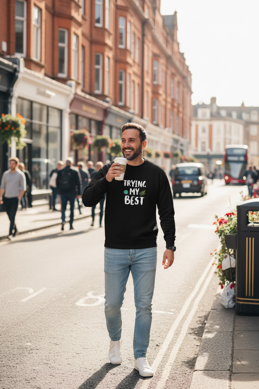 Black sweatshirt with “TRYING MY BEST” quote print on the chest.