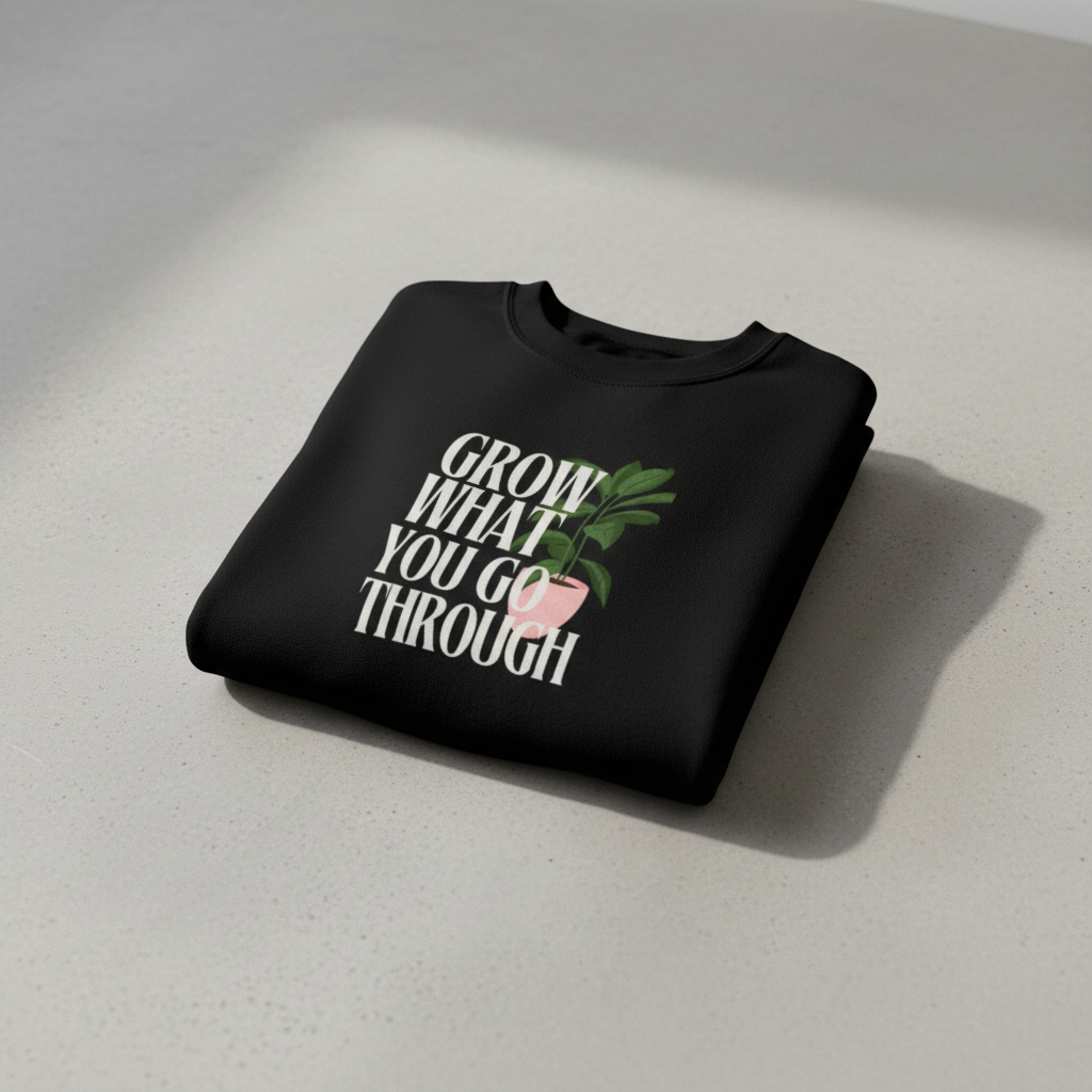 Black sweatshirt with “Grow What You Go Through” logo graphic, folded on counter
