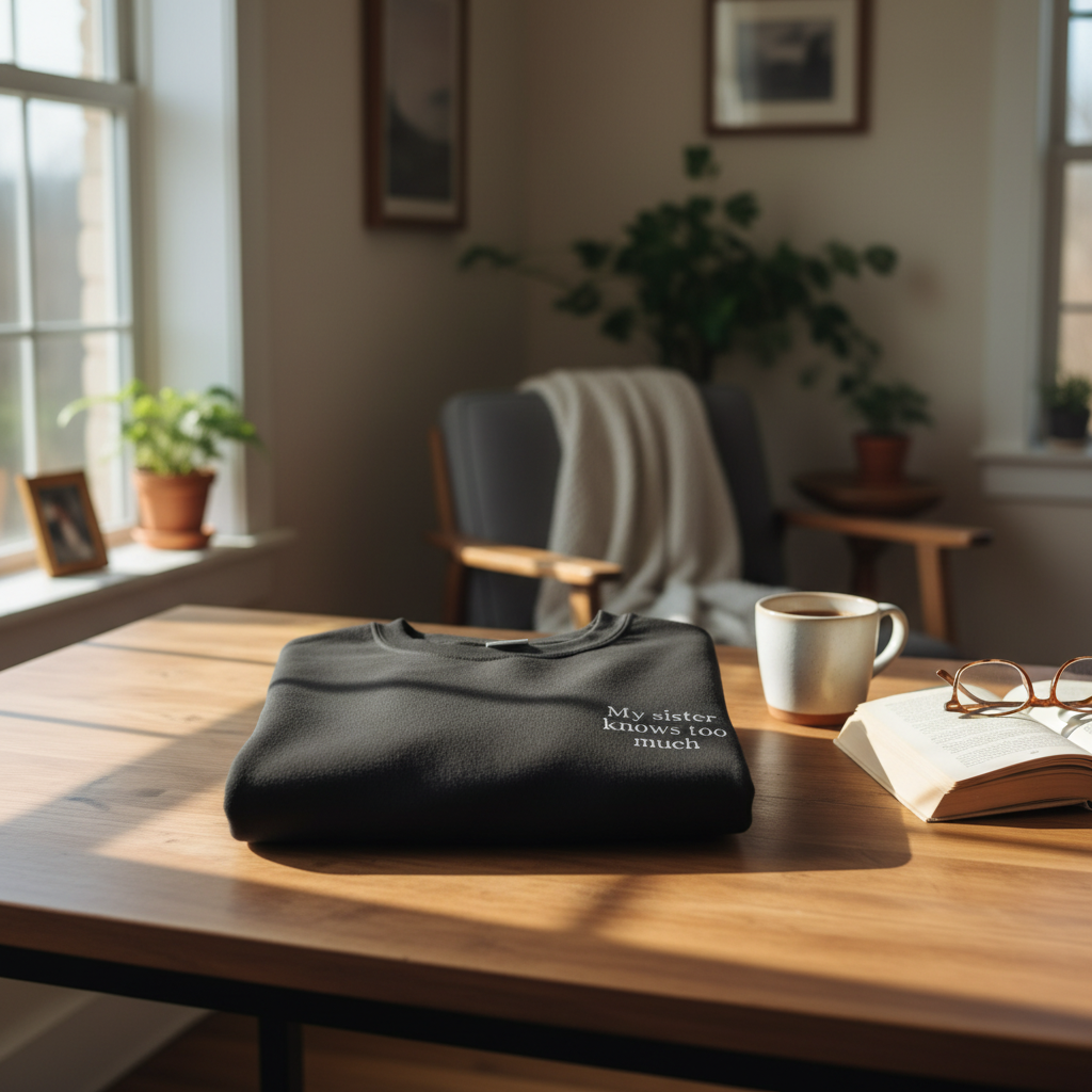 Black sweatshirt folded on table in natural setting