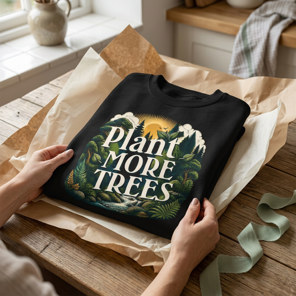 Black unisex sweatshirt with “Plant More Trees” graphic on the front, folded in paper.