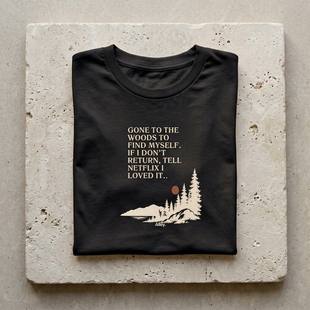 Black hiking T-shirt with pine tree graphic and quote print on chest