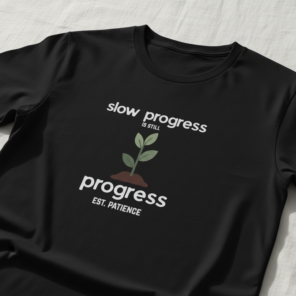 Black motivational t-shirt with green plant and “progress EST. PATIENCE” slogan print