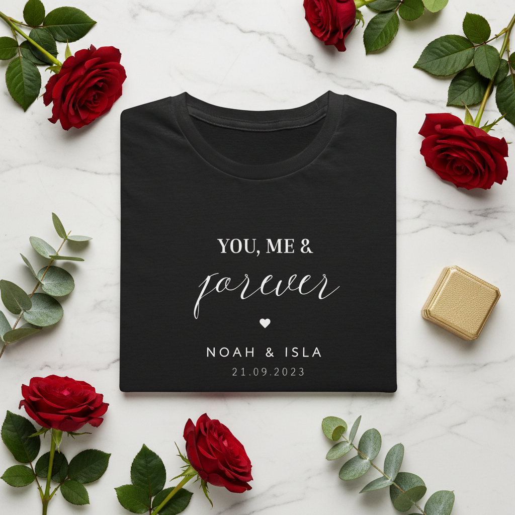 Black tee flat lay with roses and ring box