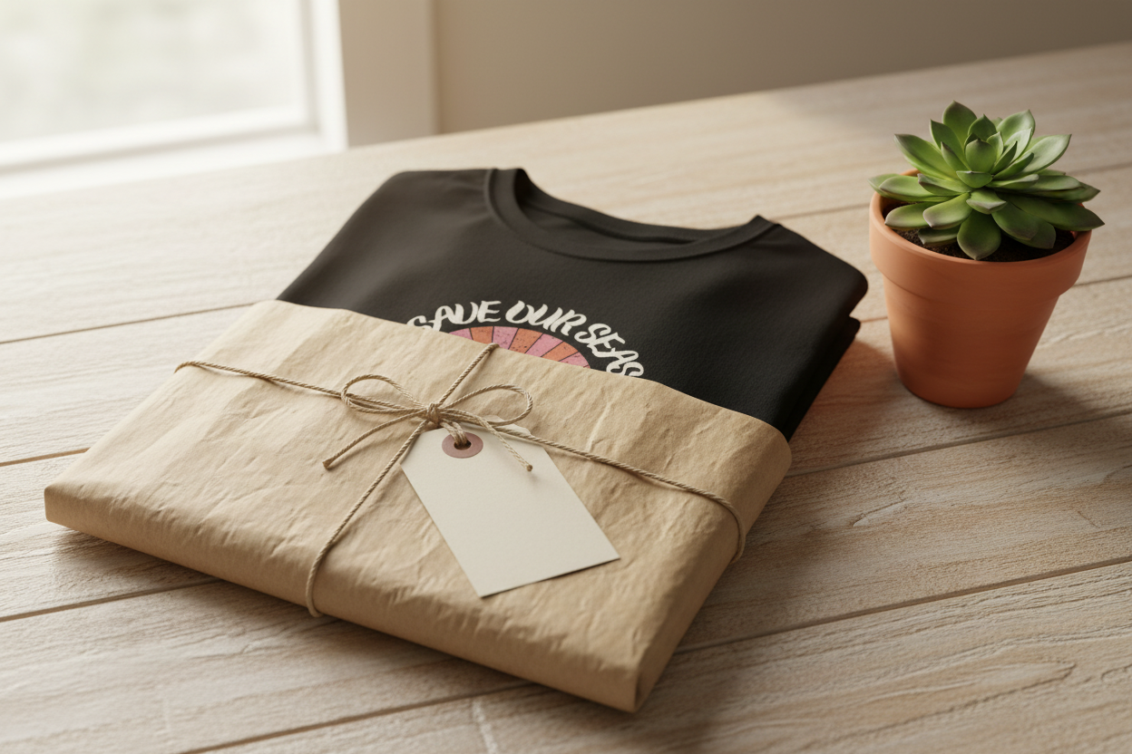 Black Tee in Brown Paper with Gift Tag
