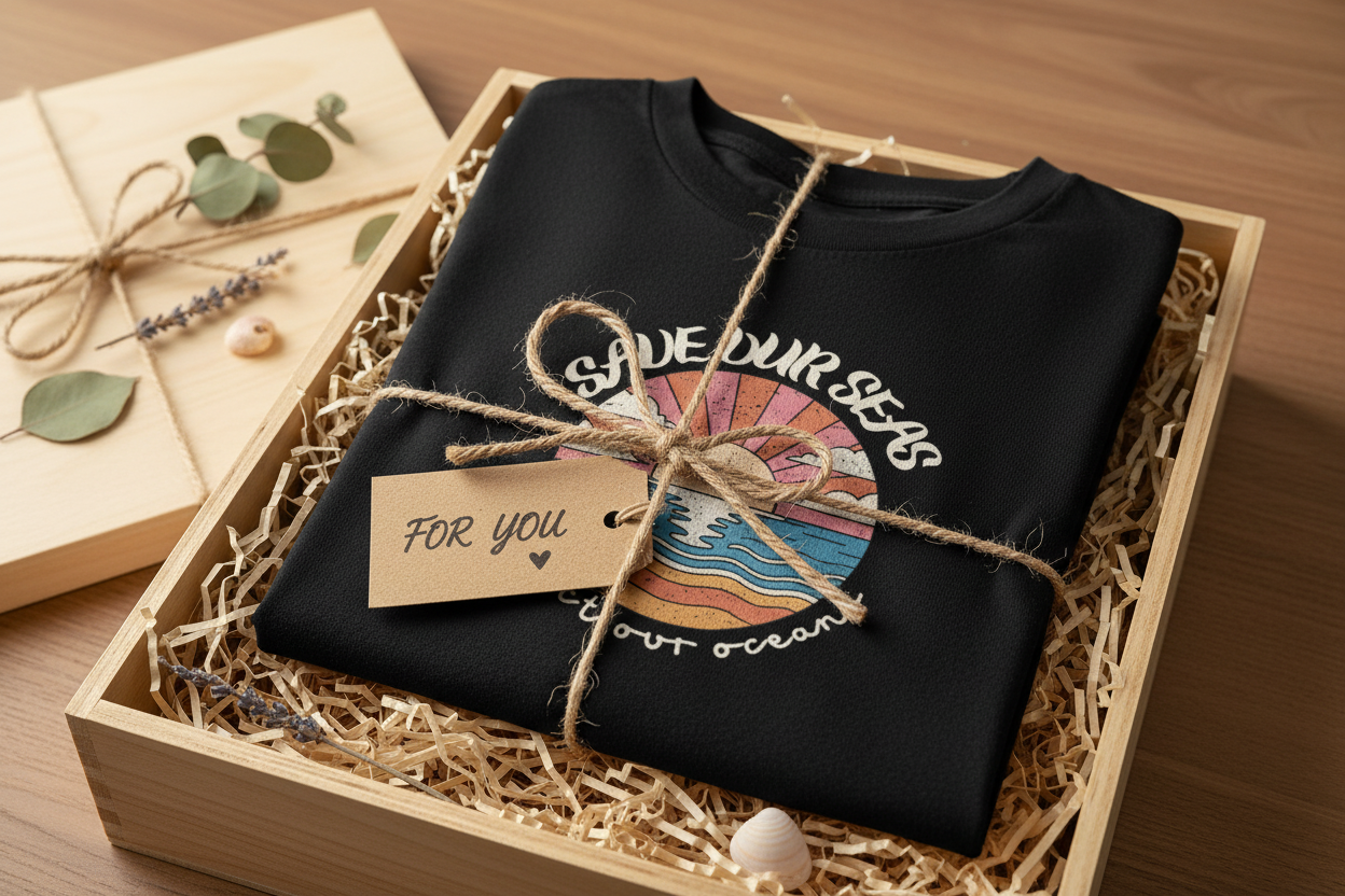 Black graphic T-shirt with circular ocean sunset logo and a small gift tag attached