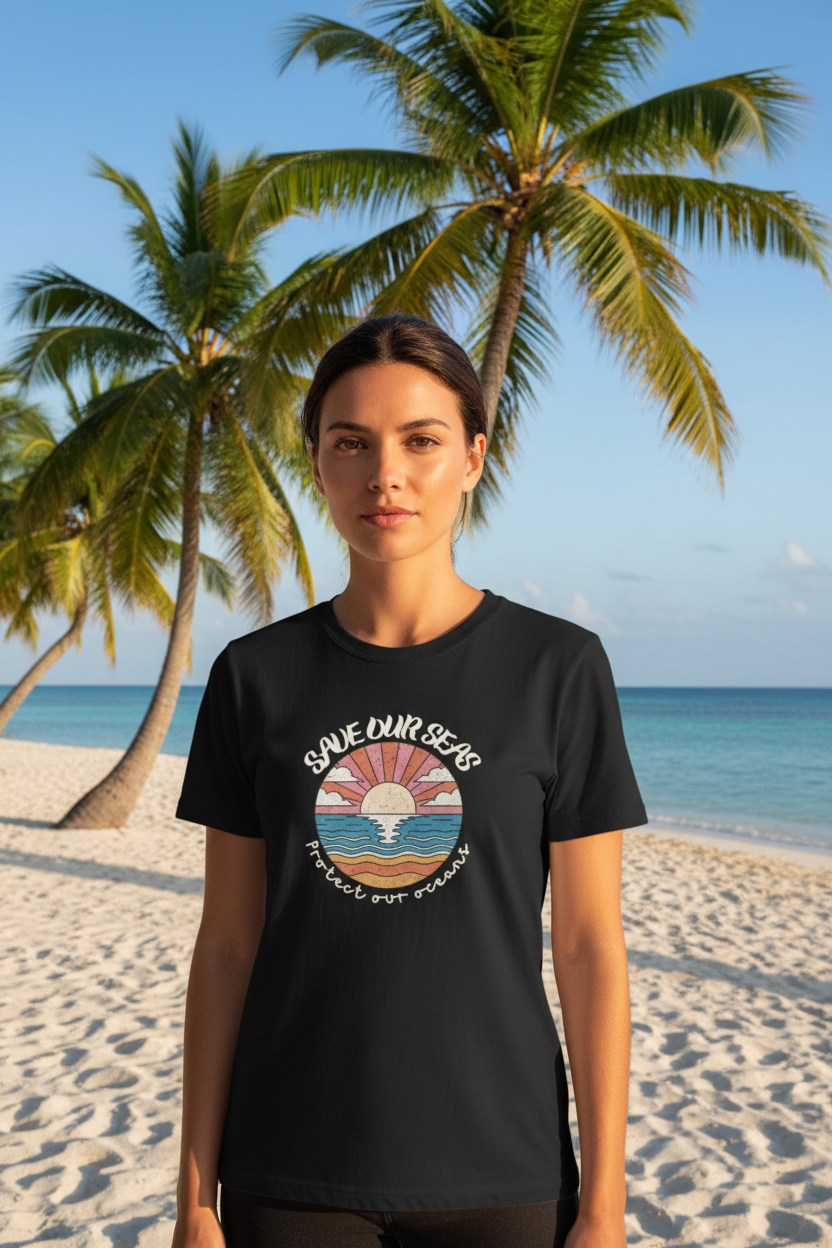 Black crew-neck T-shirt with Save Our Seas circular ocean sunset logo