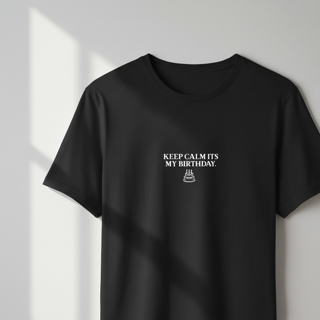 Black crew-neck T-shirt on hanger with front graphic text "Keep Calm Its My Birthday"