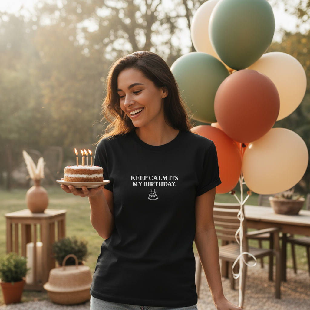 Black crew-neck T-shirt with front graphic text "Keep Calm Its My Birthday"