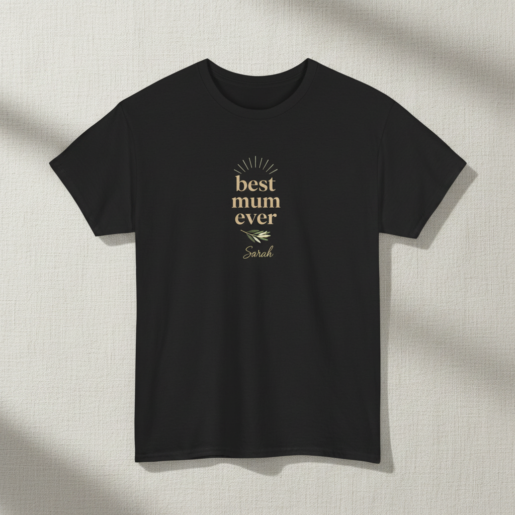 Black T-shirt with gold "best mum ever" and name "Sarah" print