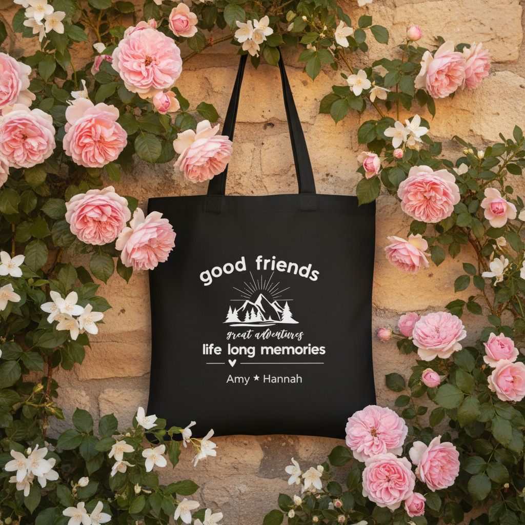 Black tote against rose covered wall