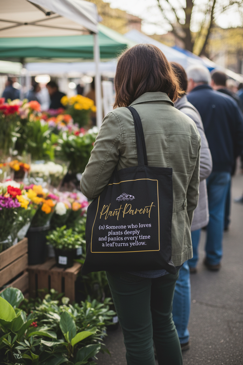 Black tote at farmers market