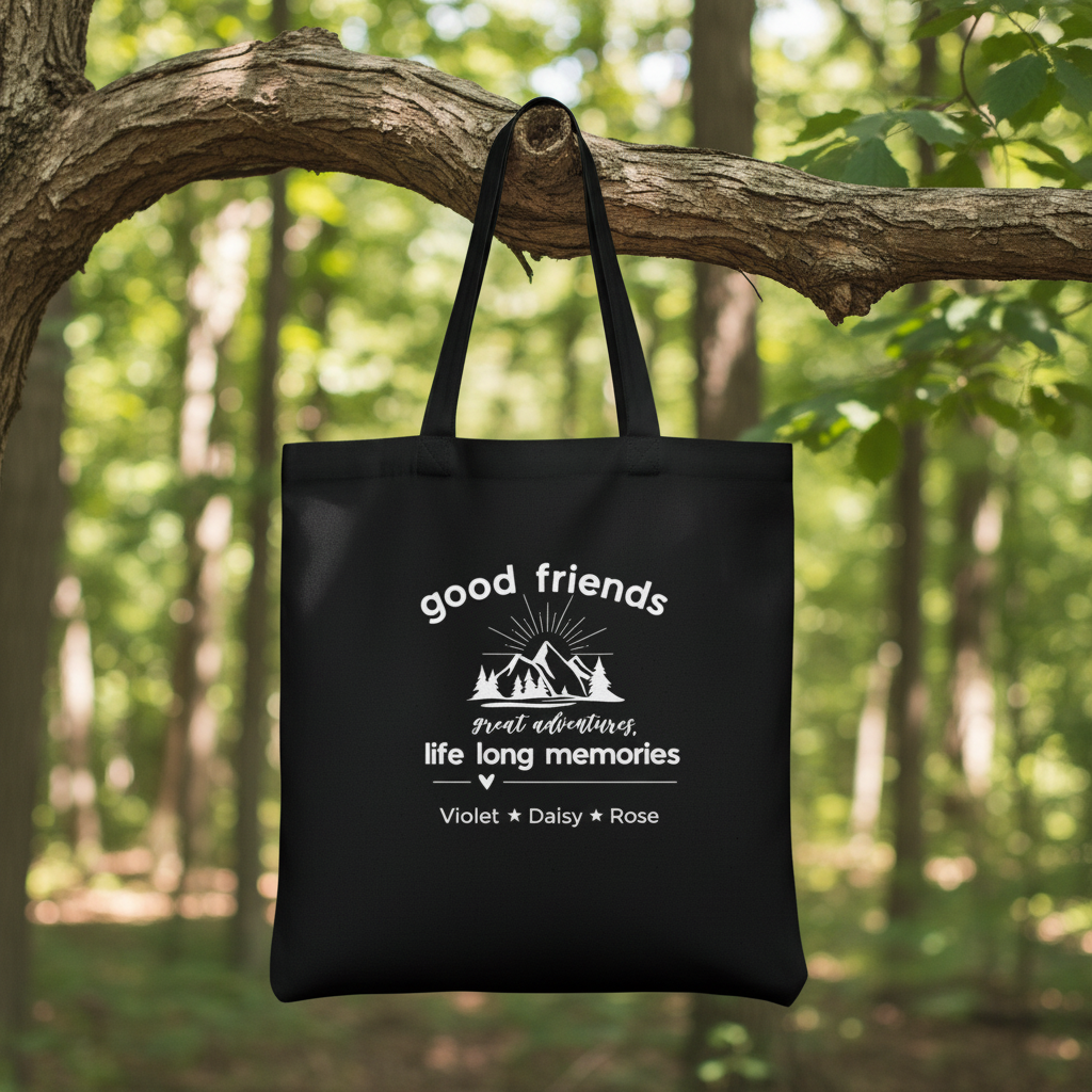 Black tote hanging from tree