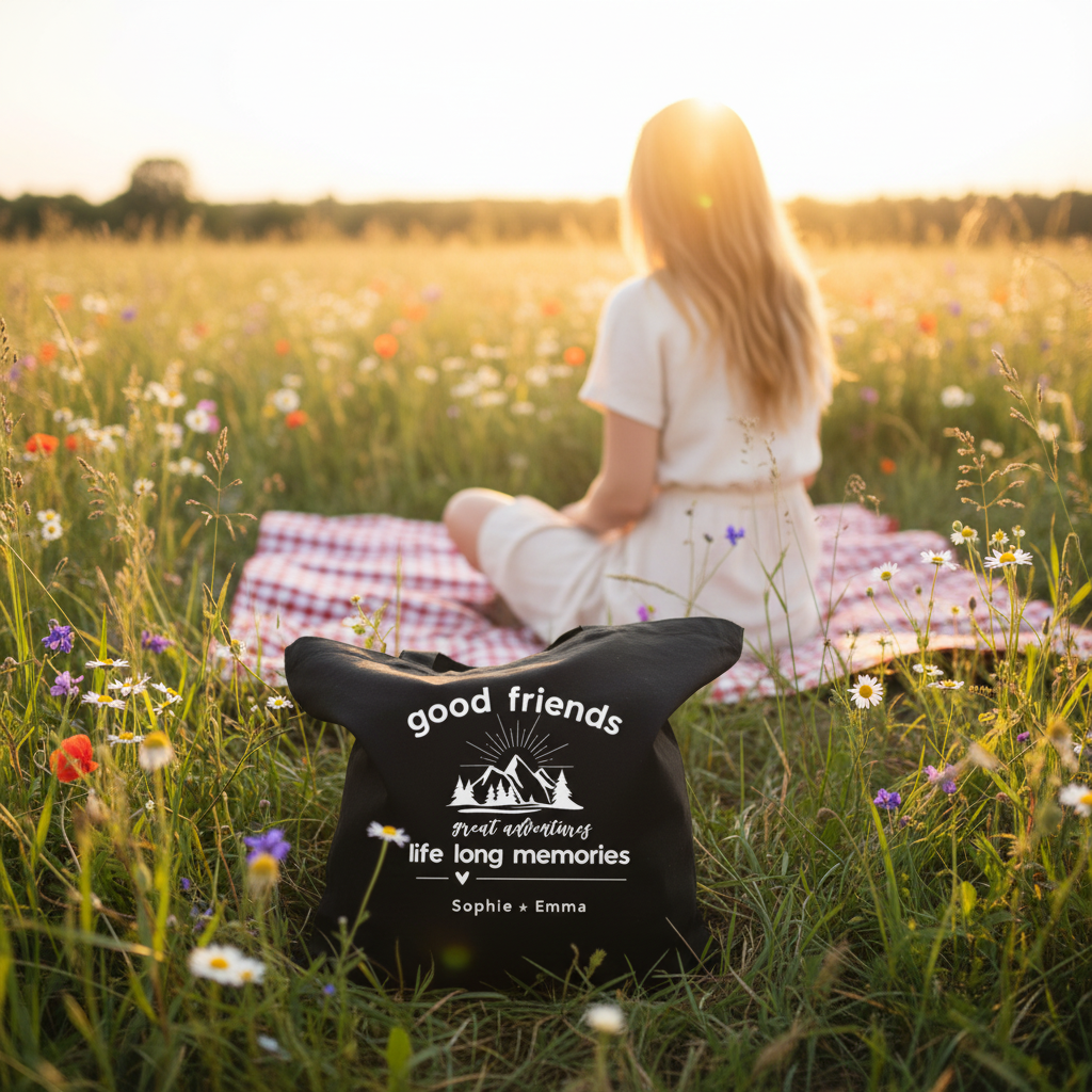 Black tote in meadow picnic