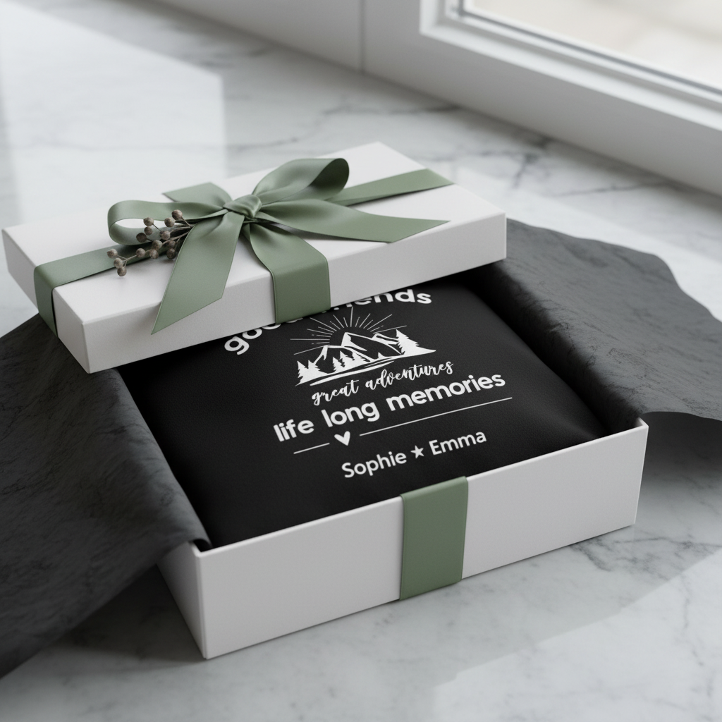 Black tote in white gift box sage ribbon